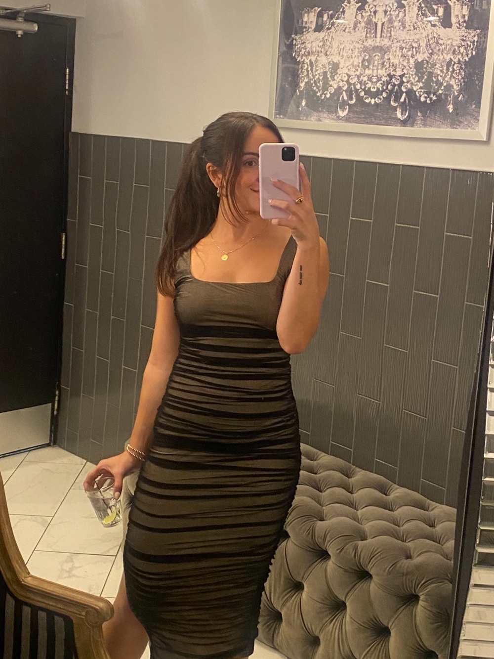Lulu's Black and Tan Ruched Midi Dress
